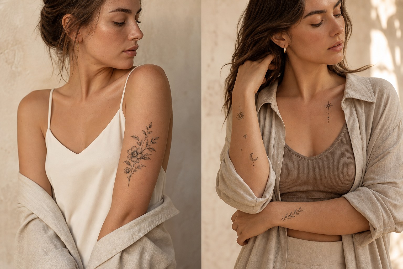 One statement temporary tattoo and several smaller accents styled with different outfit balance