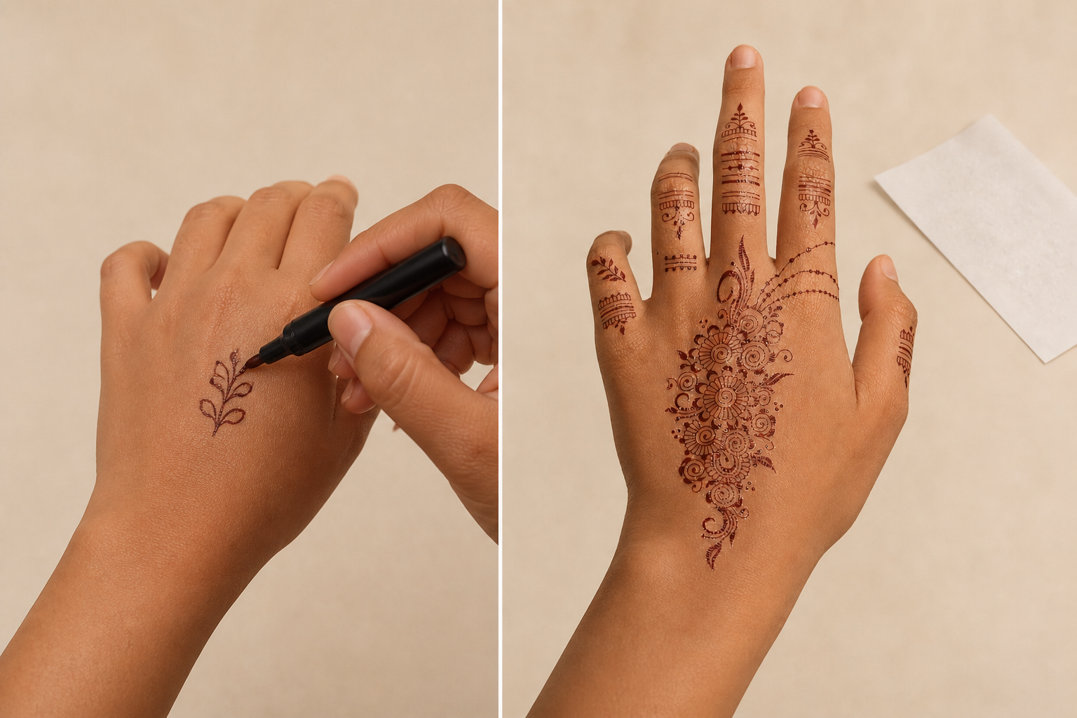 Side-by-side comparison of a cosmetic body-art pen drawing directly on skin and a preprinted water-transfer temporary tattoo result