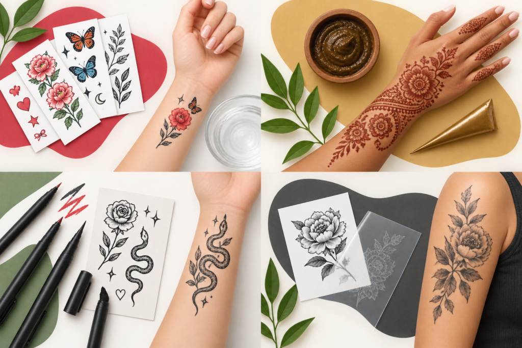 Editorial illustration separating temporary tattoo product types to check before buying.