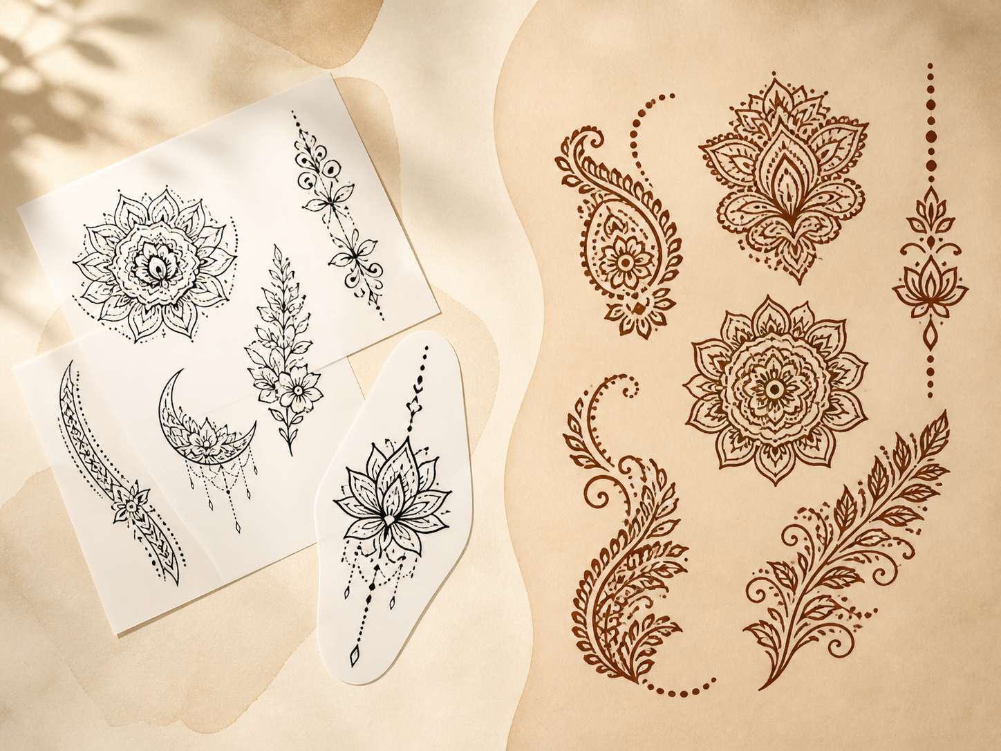 Editorial comparison of water-transfer temporary tattoo stickers and henna-inspired ornamental designs.