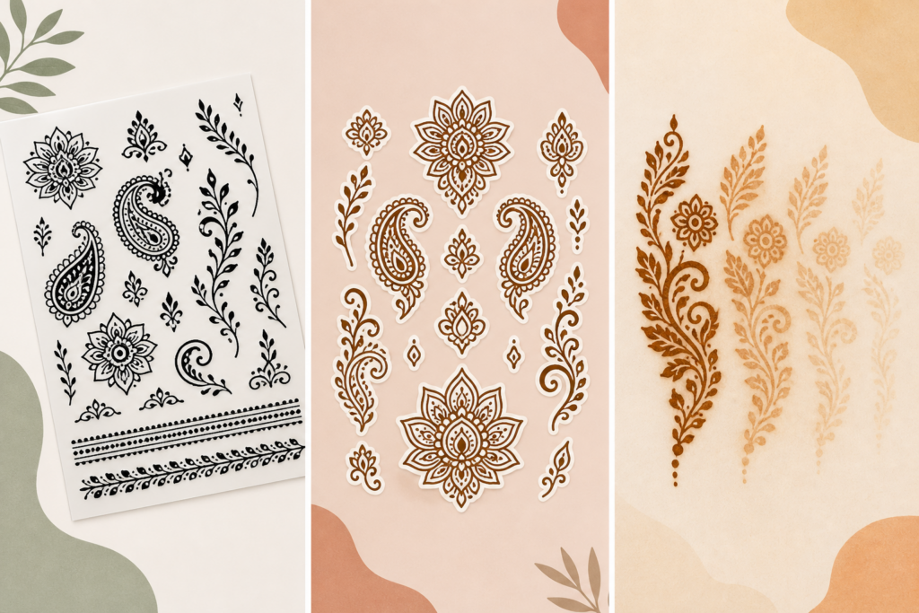 Editorial illustration showing that decal temporary tattoos and henna are different product types.