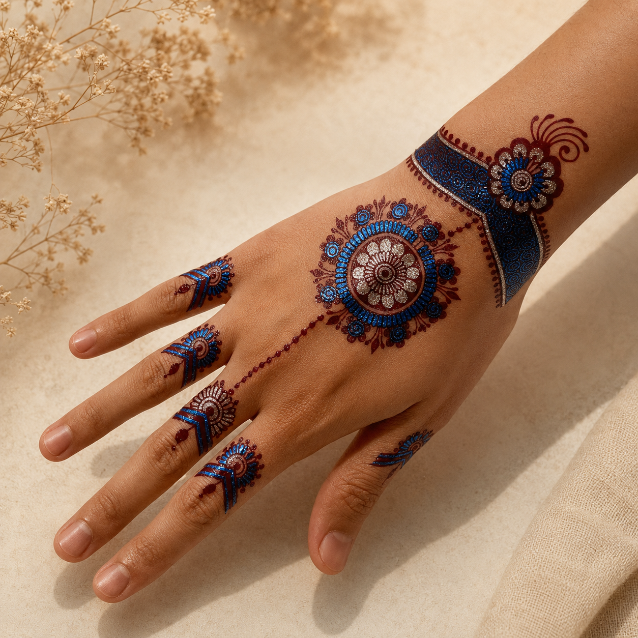 Blue, red, and silver geometric temporary tattoos worn across an adult hand and wrist