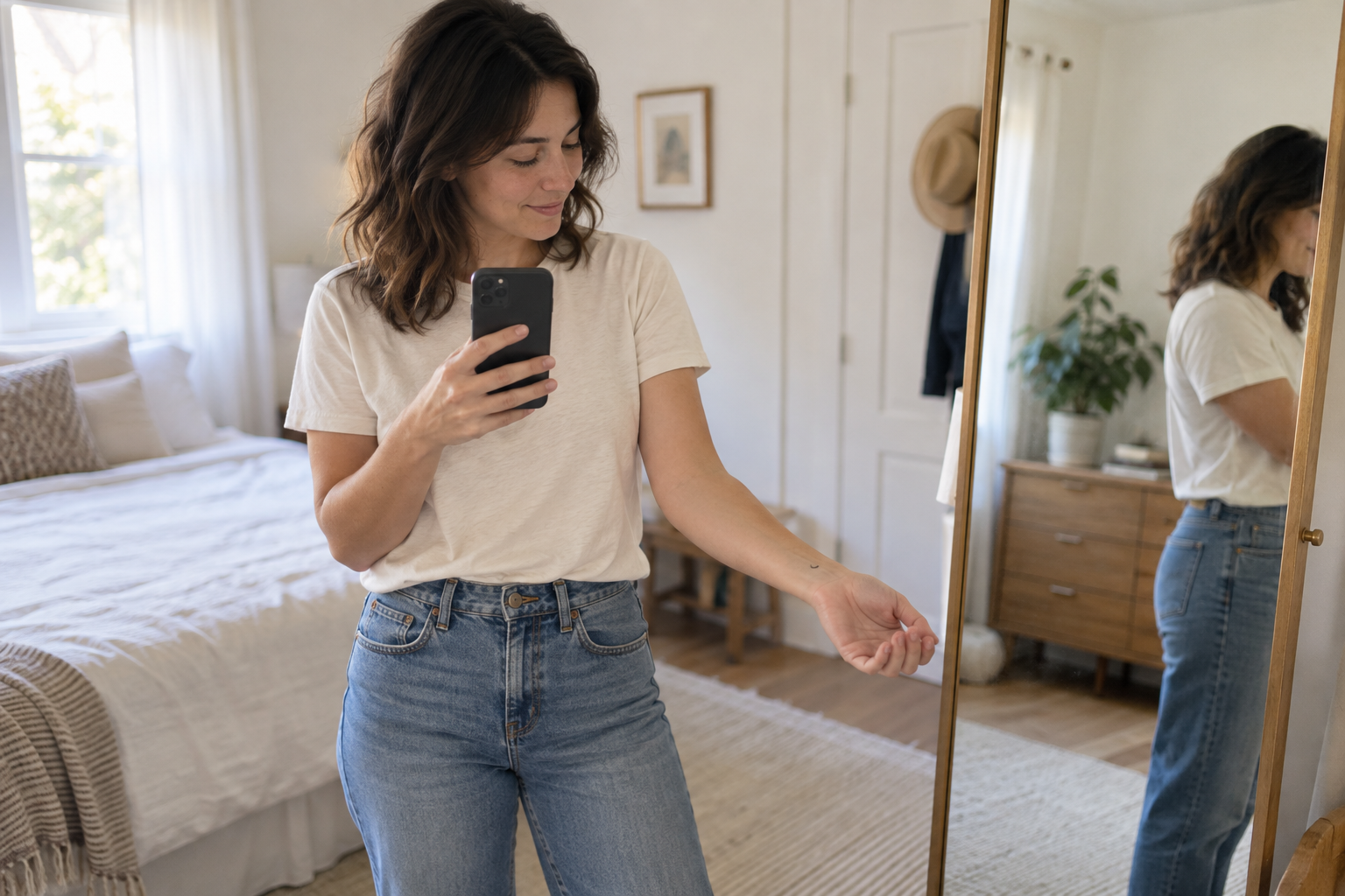 Adult checking a wrist placement in a mirror while taking a simple phone photo with an everyday outfit.