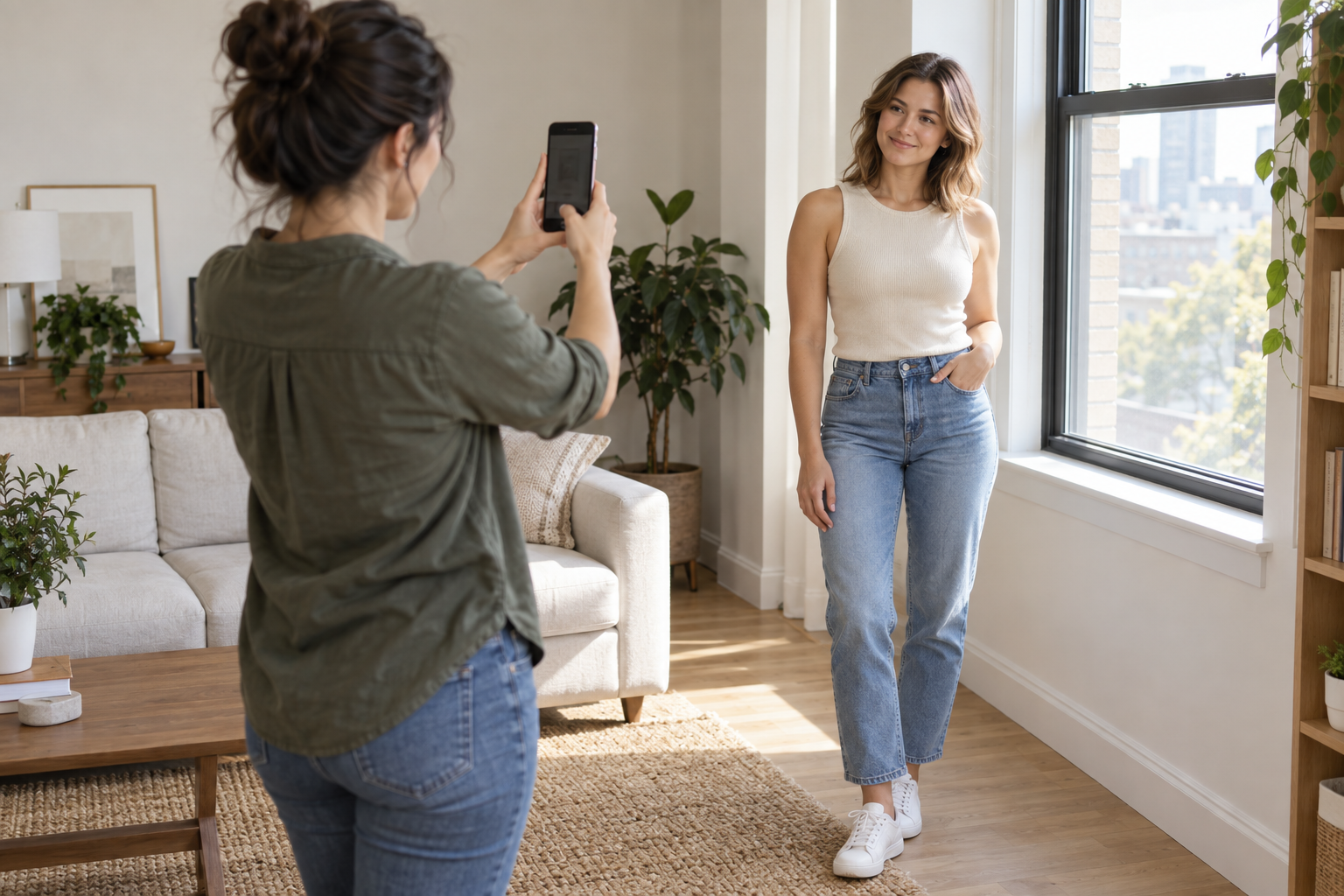 Friend taking a simple full-outfit phone photo of an adult standing in natural window light.