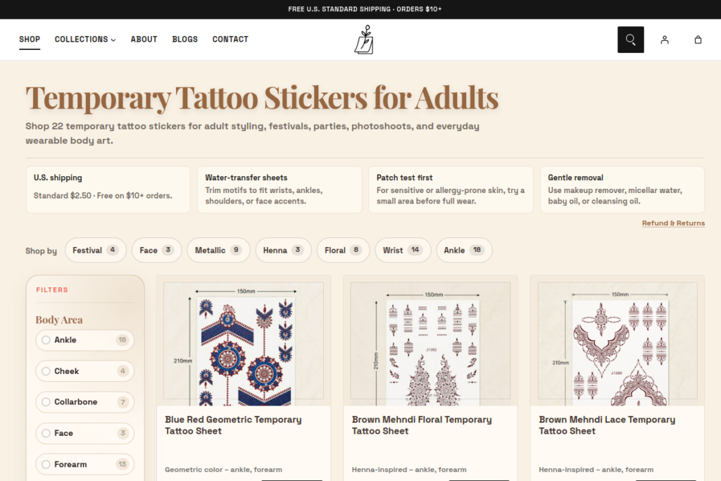 Beauty of Papers Shop page for adult temporary tattoo stickers