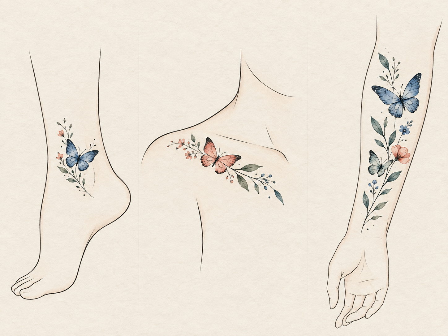 Editorial diagram showing compact, open, and flowing butterfly-inspired temporary tattoo placement compositions.