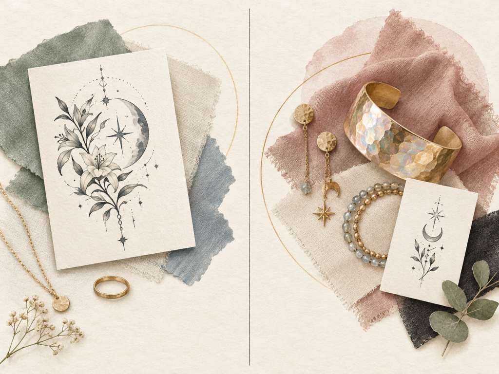 Editorial comparison showing tattoo artwork leading with quiet jewelry and jewelry leading with a quieter tattoo design.
