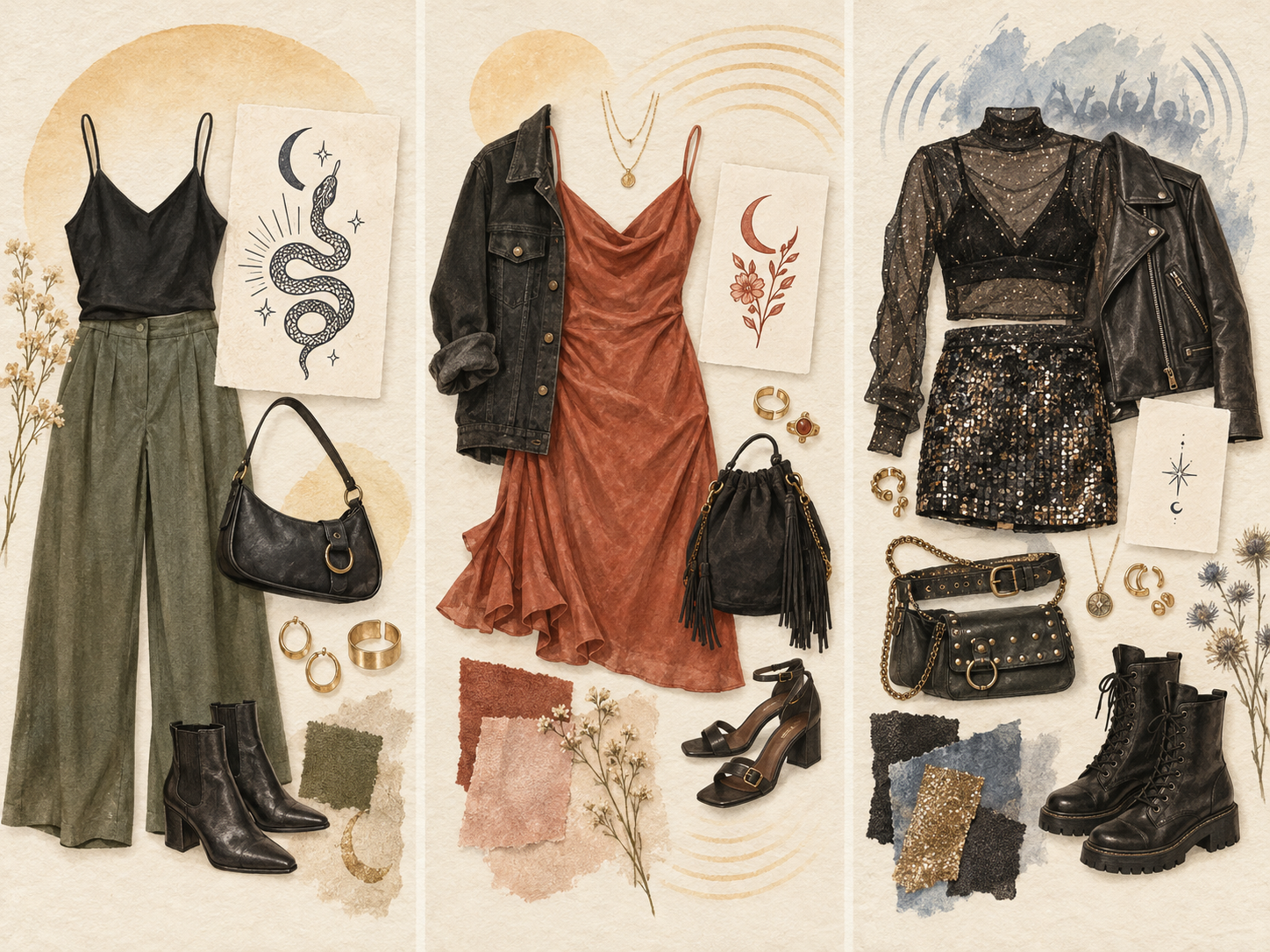 Three concert-outfit flat lays showing a temporary tattoo design as a focal point, an echo, or a quiet accent.