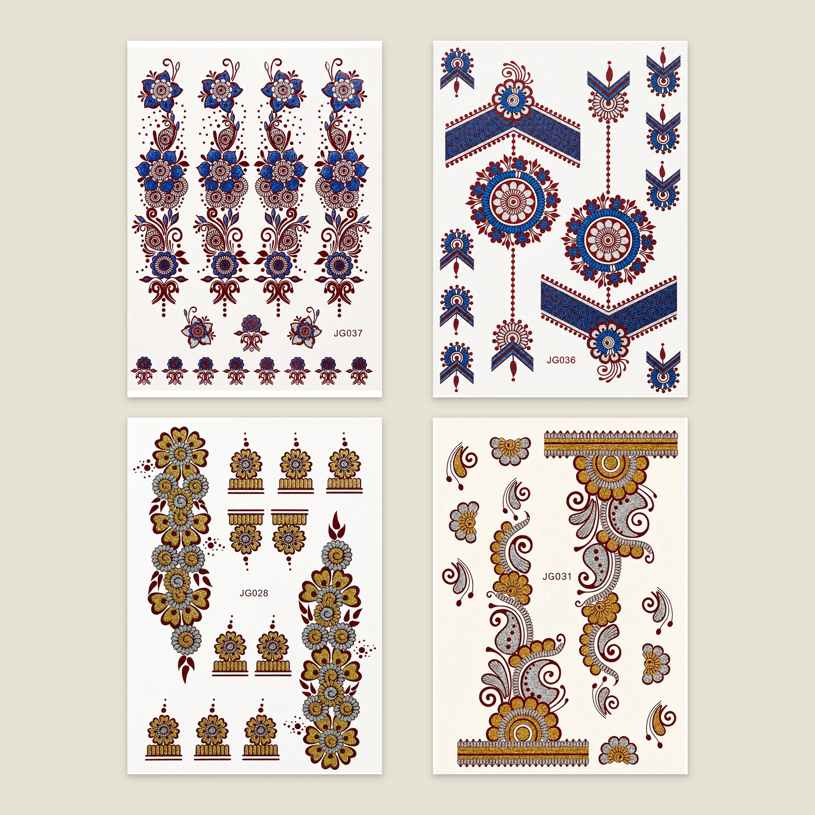 Four colorful festival temporary tattoo sheets with floral, paisley, geometric, and ornamental motifs.