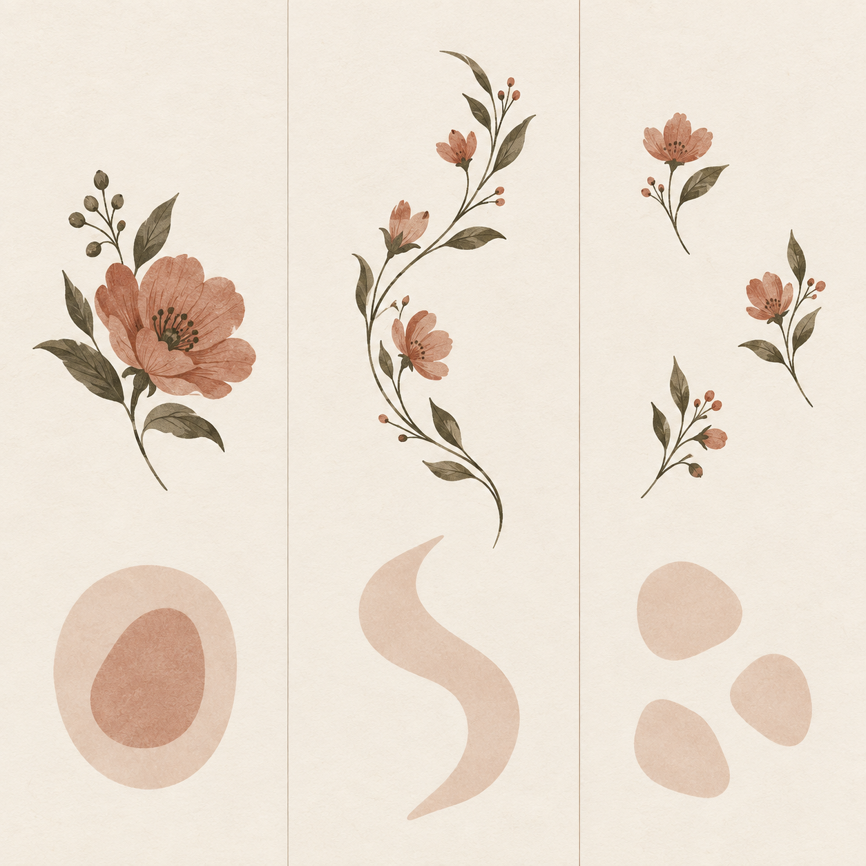 Editorial diagram matching a single bloom, a curved floral line, and small floral accents to contained, continuous, and separated visual space