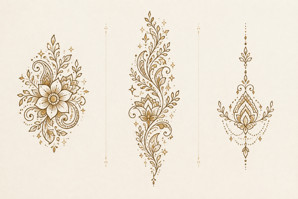 Visual balance ideas for henna-inspired temporary tattoo styling