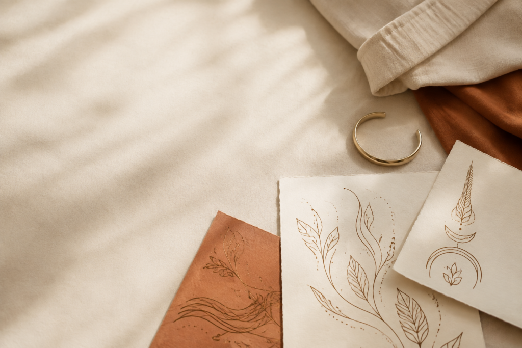 Henna-inspired temporary tattoo styling with warm brown and gold ornamental accents