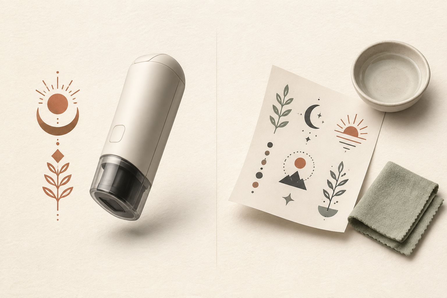 Editorial comparison of a temporary tattoo printer workflow and a ready-made water-transfer sheet