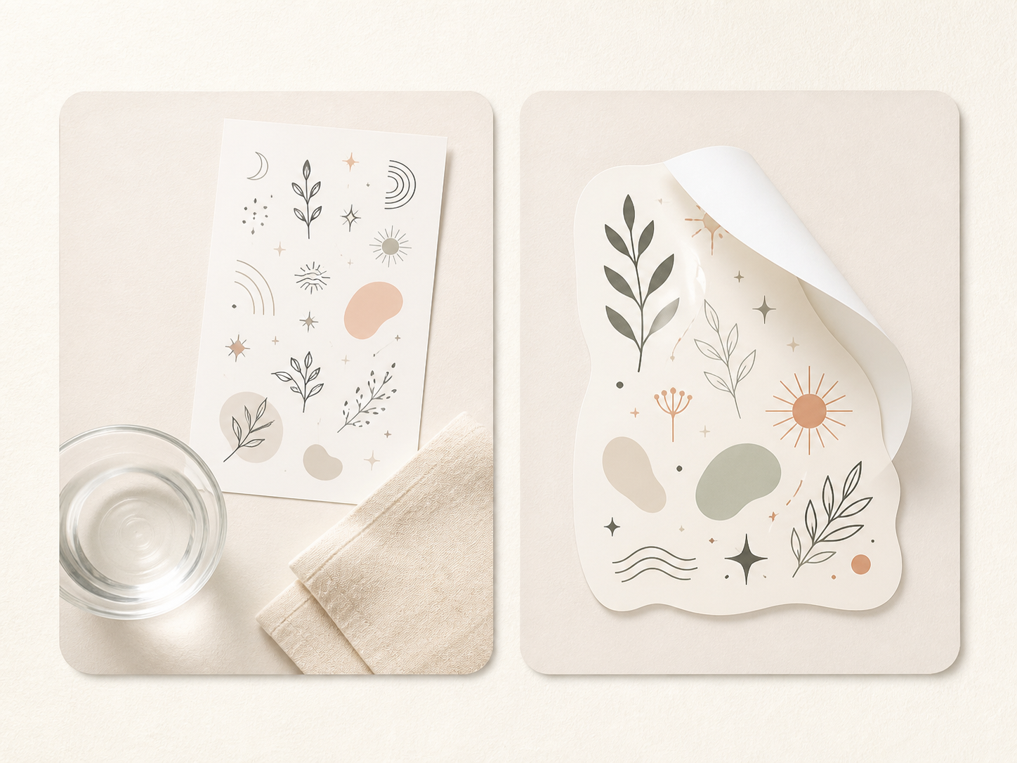 Editorial comparison of water-transfer temporary tattoo sheets and peel-and-stick body stickers