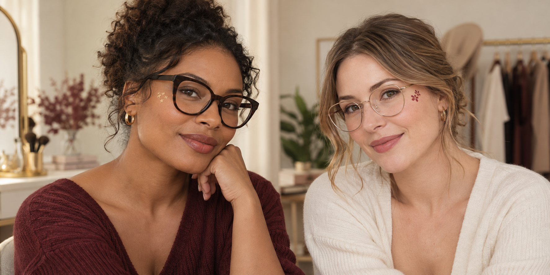 Small face tattoo accents balanced with bold and light eyeglass frames