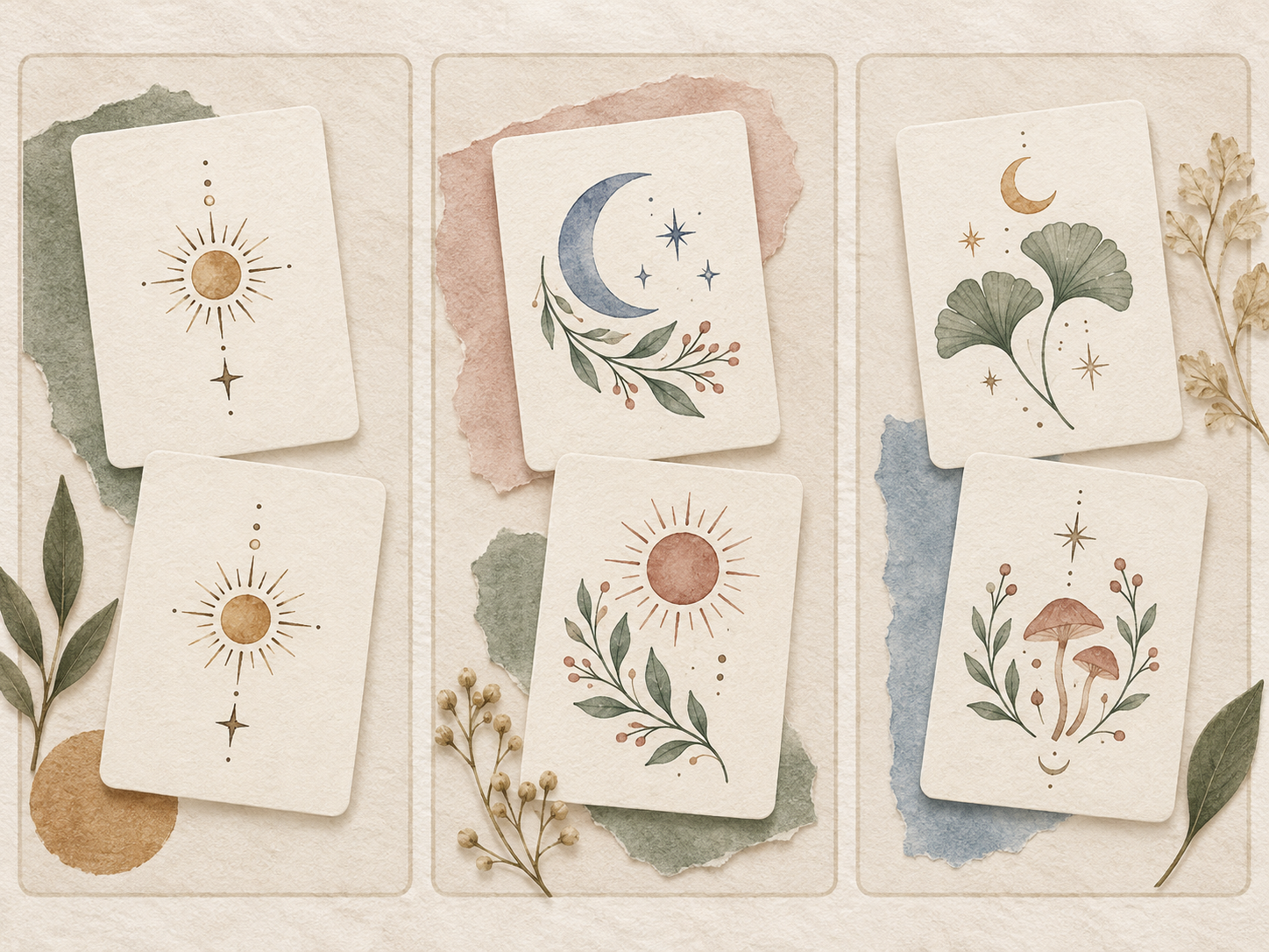 Three pairs of generic design cards showing identical, complementary, and same-theme coordination.