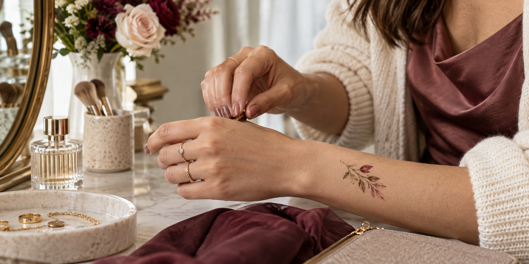 Manicure, jewelry, and temporary body tattoo coordinated by color and finish