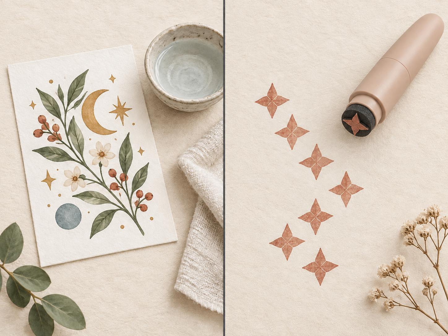 Comparison of complete water-transfer artwork and a repeated shape made with a cosmetic makeup stamp.