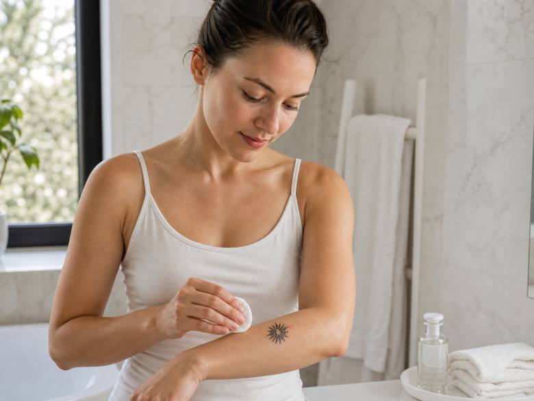 Woman using a cotton pad and makeup remover to remove a temporary tattoo from her forearm