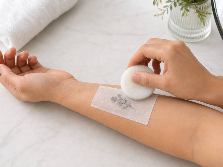 Adult applying a temporary tattoo to the forearm with a damp sponge